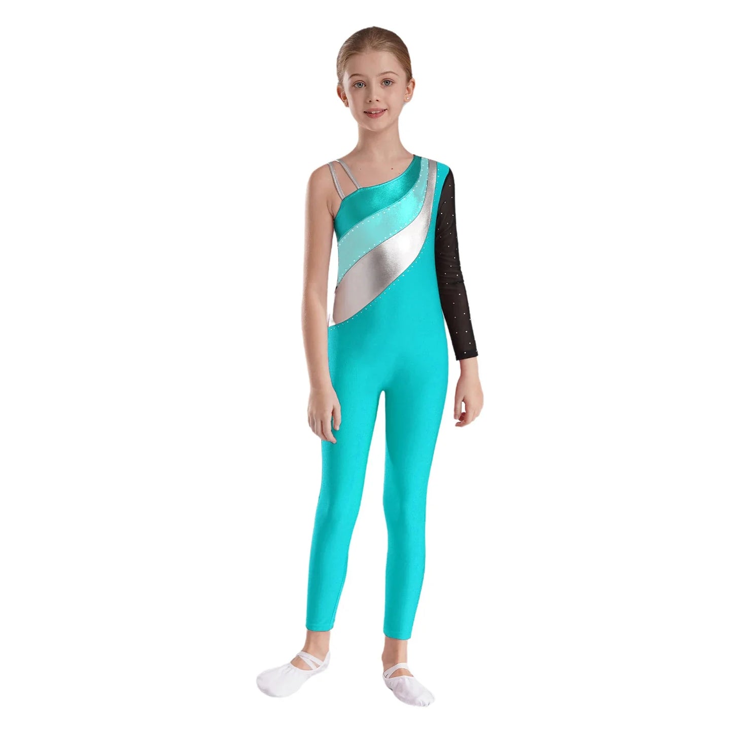 Girls Gymnastics One Shoulder Contrast Color Leotard Jumpsuit (Age 6-16 YRS)