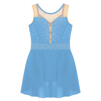 Rhinestone Gymnastics Figure Skating Dress for Teen Girls Sleeveless Sheer Mesh Tutu Ballet Leotard Lyrical Performance Costume