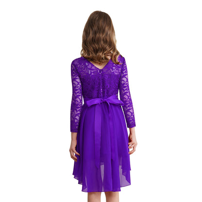 Girls Elegant Rhinestone Lace Chiffon Party Long Sleeve Dipped Hem Dress (Age 6-16YRS)