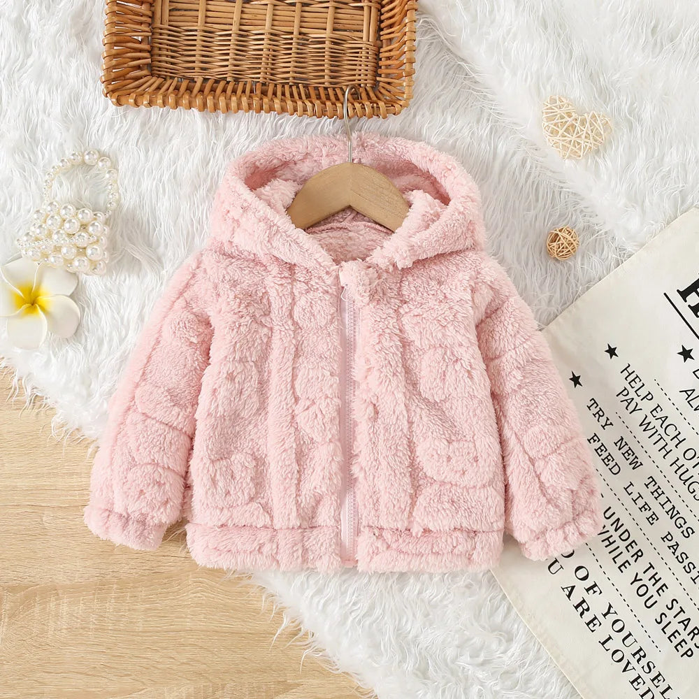 Baby Girl Pink Fleece Heart Pattern Hooded Jacket (Age 6M-3 YRS)
