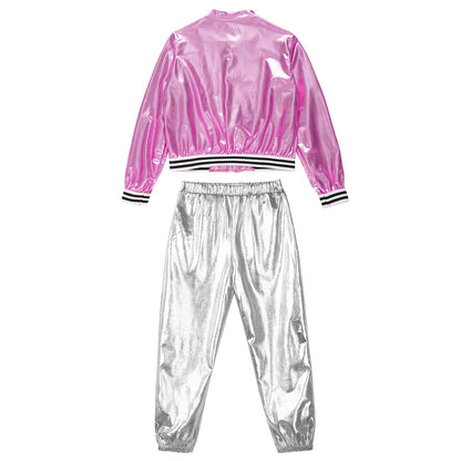 Girls Metallic Long Sleeves Bomber Jacket Coat & Pants Set (Age 6-16YRS)