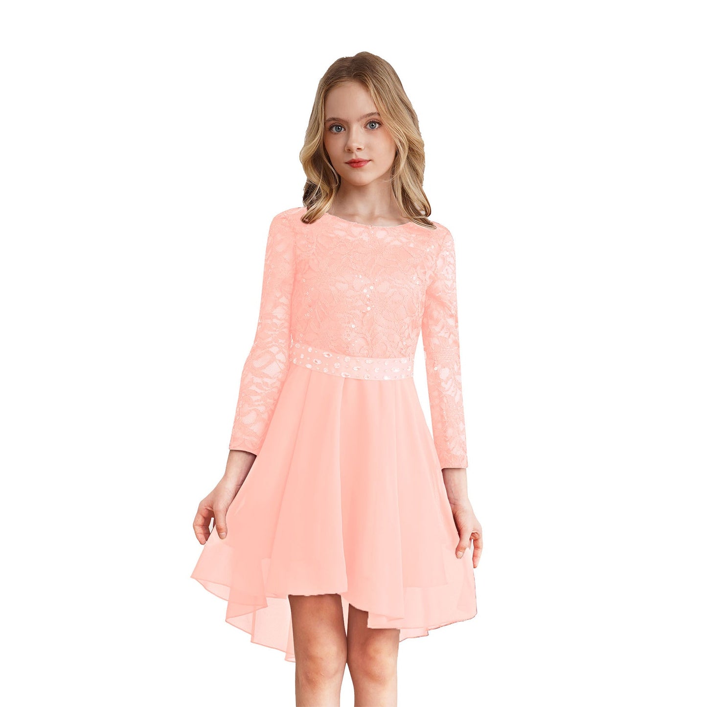 Girls Elegant Rhinestone Lace Chiffon Party Long Sleeve Dipped Hem Dress (Age 6-16YRS)