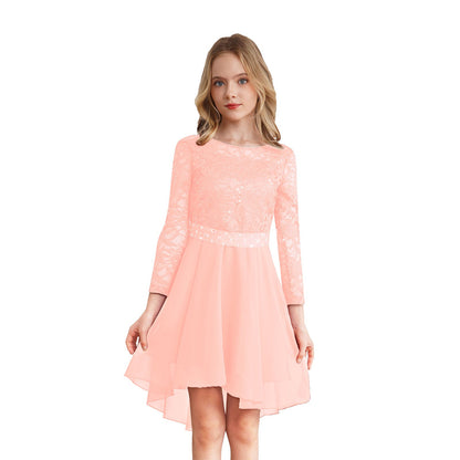 Girls Elegant Rhinestone Lace Chiffon Party Long Sleeve Dipped Hem Dress (Age 6-16YRS)