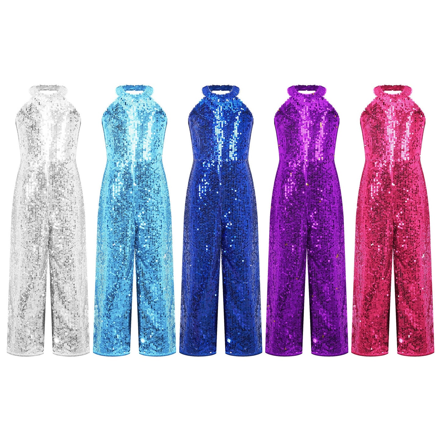 Girls Dance Sequin Sleeveless Halter Jumpsuit (Age 6-14YRS)