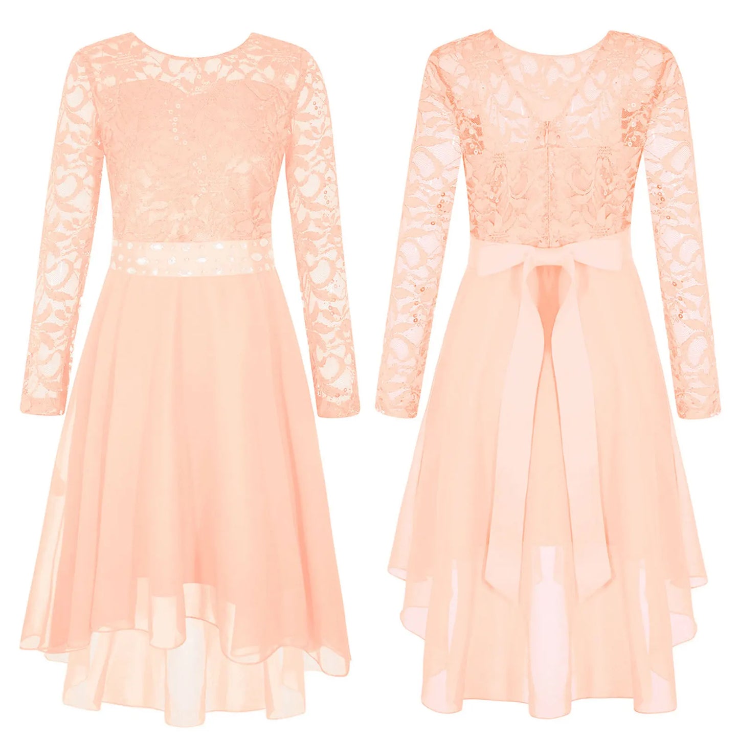 Girls Elegant Rhinestone Lace Chiffon Party Long Sleeve Dipped Hem Dress (Age 6-16YRS)