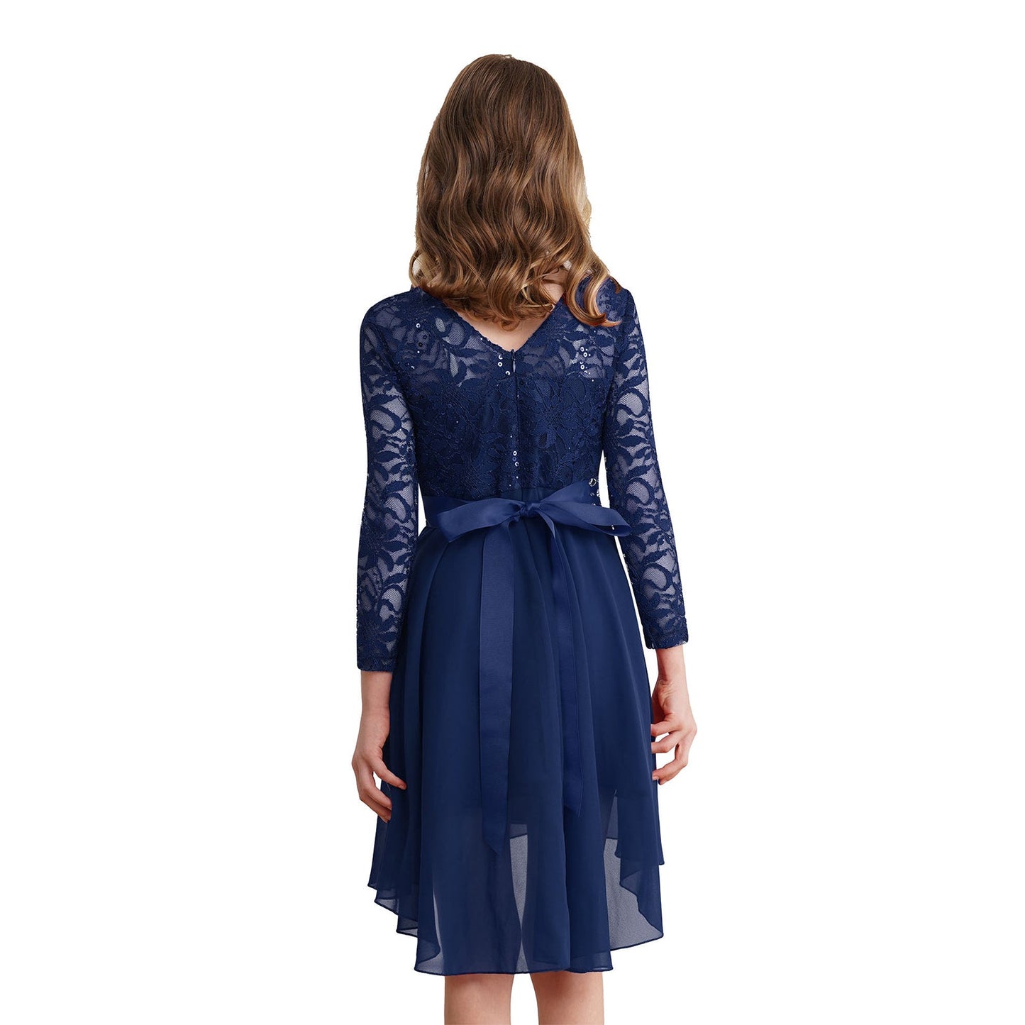 Girls Elegant Rhinestone Lace Chiffon Party Long Sleeve Dipped Hem Dress (Age 6-16YRS)