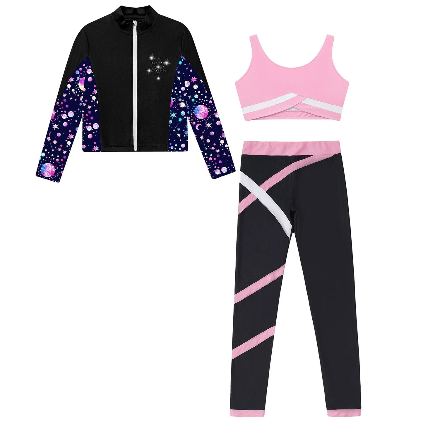 Girls Gymnastics Long Sleeves Athletic Shirt & Vest Tops & Leggings (Age 6-16 YRS)