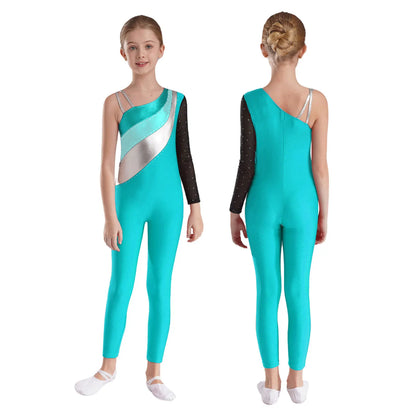 Girls Gymnastics One Shoulder Contrast Color Leotard Jumpsuit (Age 6-16 YRS)