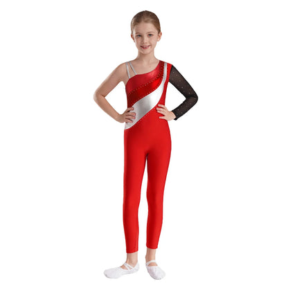 Girls Gymnastics One Shoulder Contrast Color Leotard Jumpsuit (Age 6-16 YRS)