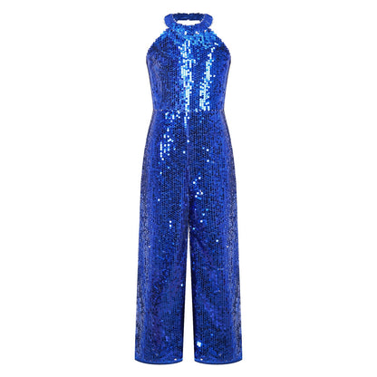 Girls Dance Sequin Sleeveless Halter Jumpsuit (Age 6-14YRS)