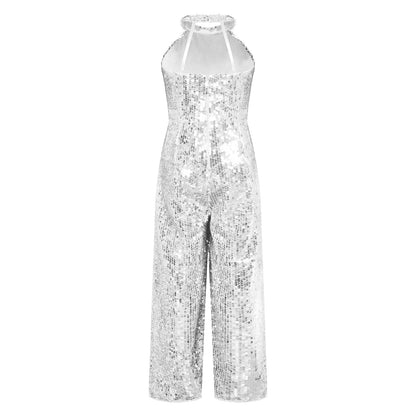 Girls Dance Sequin Sleeveless Halter Jumpsuit (Age 6-14YRS)