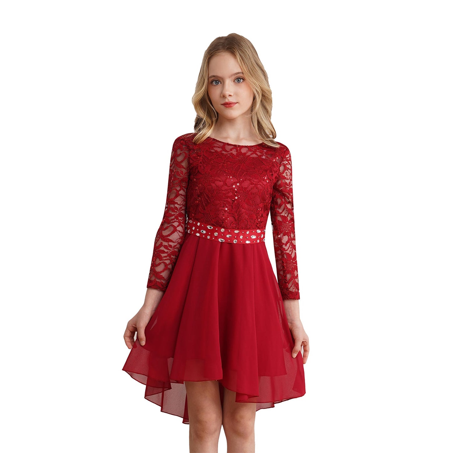 Girls Elegant Rhinestone Lace Chiffon Party Long Sleeve Dipped Hem Dress (Age 6-16YRS)