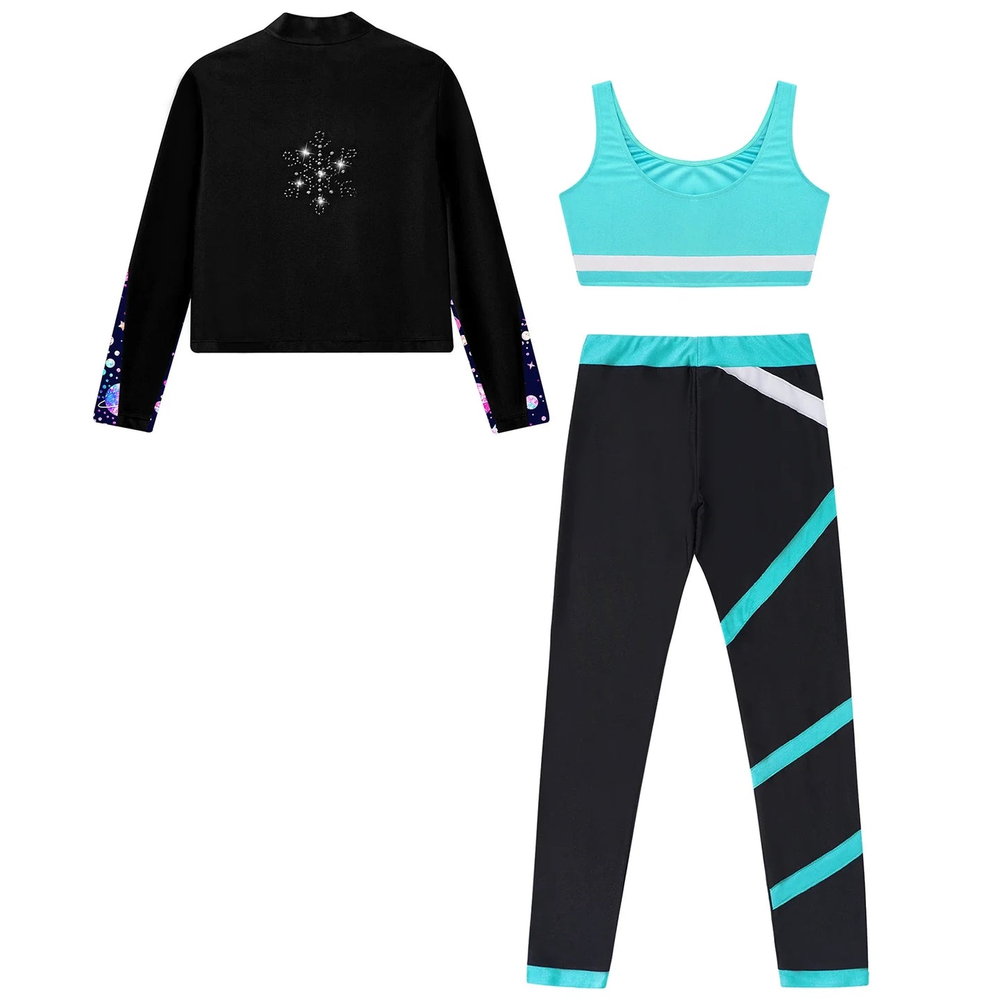 Girls Gymnastics Long Sleeves Athletic Shirt & Vest Tops & Leggings (Age 6-16 YRS)