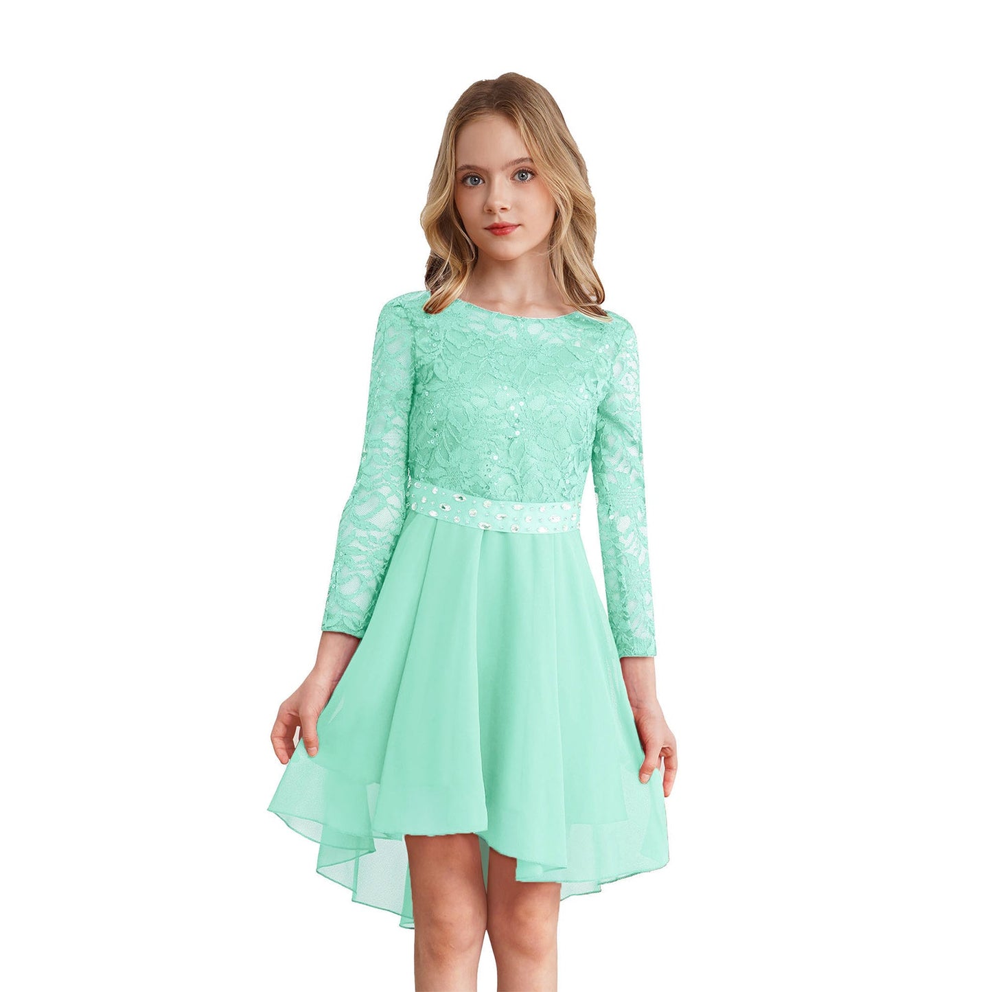 Girls Elegant Rhinestone Lace Chiffon Party Long Sleeve Dipped Hem Dress (Age 6-16YRS)