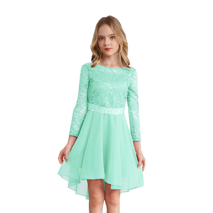 Girls Elegant Rhinestone Lace Chiffon Party Long Sleeve Dipped Hem Dress (Age 6-16YRS)