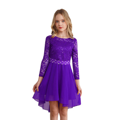 Girls Elegant Rhinestone Lace Chiffon Party Long Sleeve Dipped Hem Dress (Age 6-16YRS)