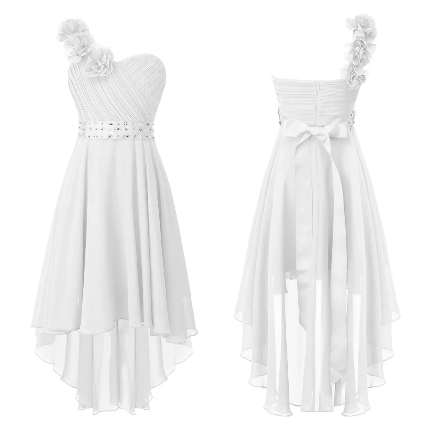 Girls Applique One-Shoulder Ruched Asymmetrical Hem Dress (Age 6-16YRS)