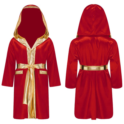 Boys Boxing Robe Costume Long Sleeve Hooded Cloak (Age 6-16YRS)