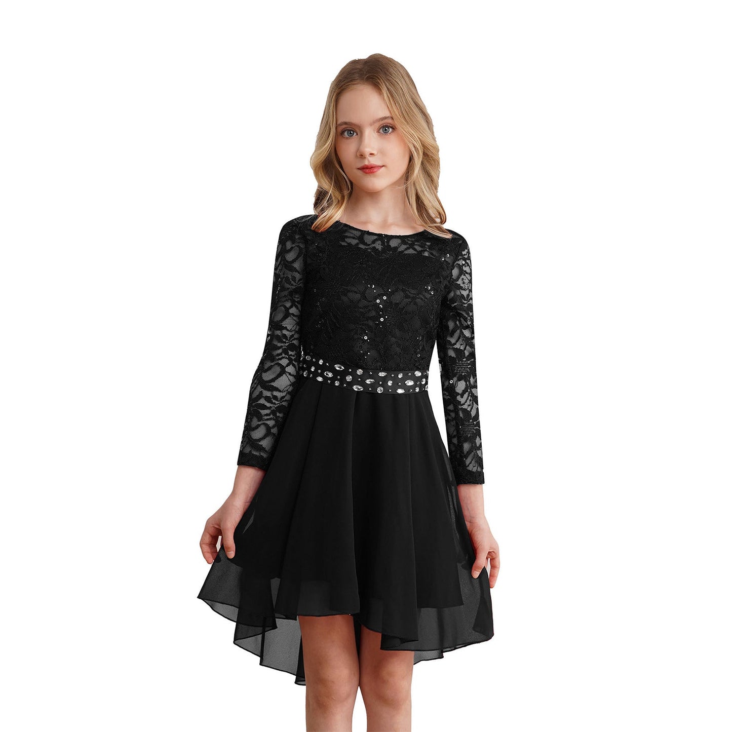 Girls Elegant Rhinestone Lace Chiffon Party Long Sleeve Dipped Hem Dress (Age 6-16YRS)