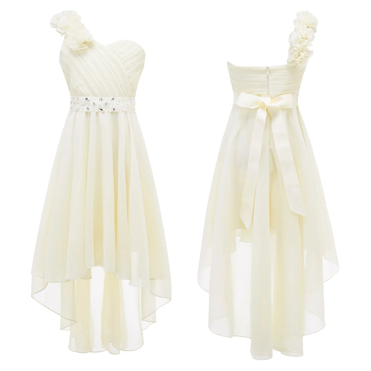 Girls Applique One-Shoulder Ruched Asymmetrical Hem Dress (Age 6-16YRS)
