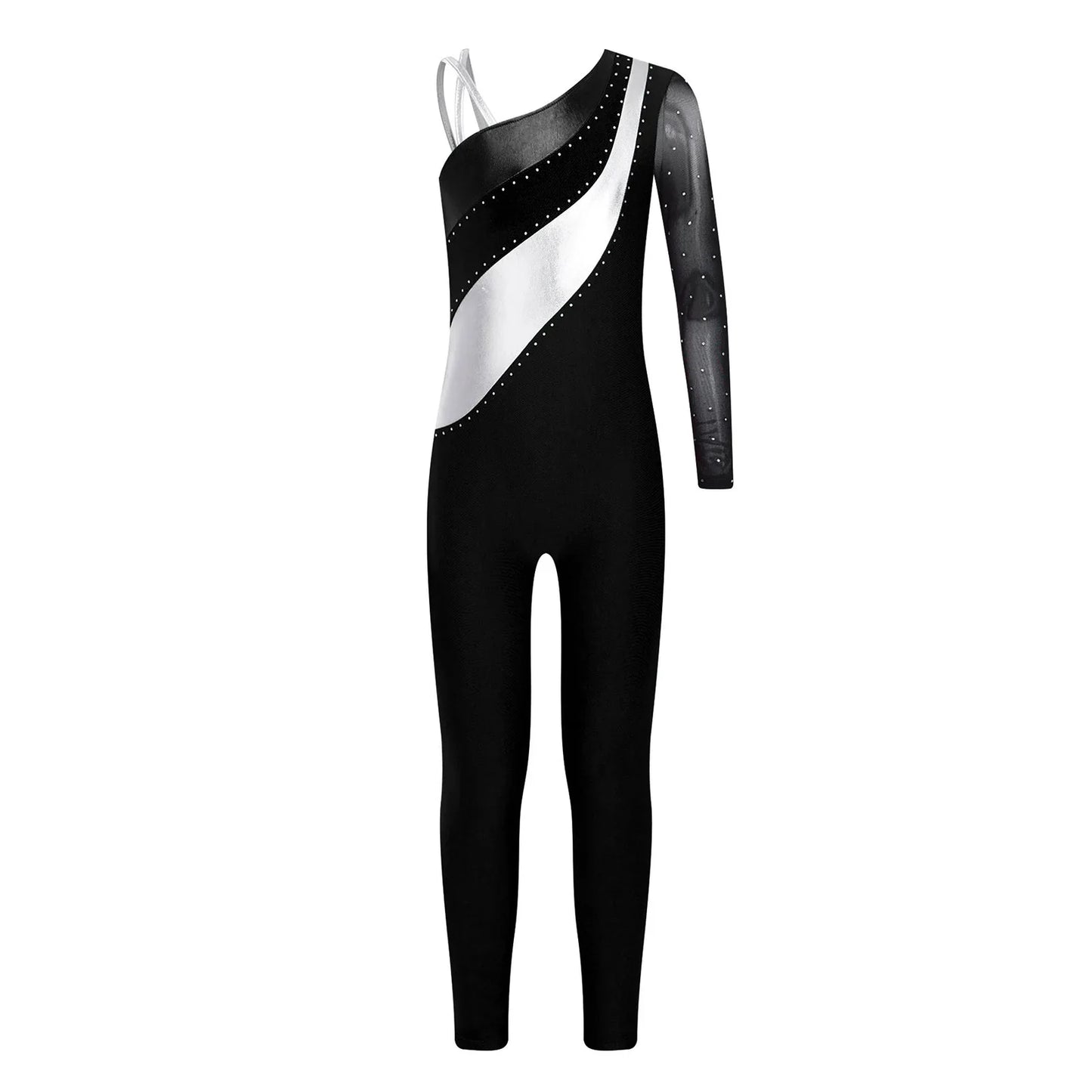 Girls Gymnastics One Shoulder Contrast Color Leotard Jumpsuit (Age 6-16 YRS)
