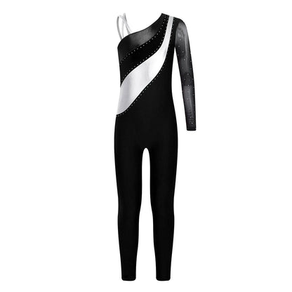 Girls Gymnastics One Shoulder Contrast Color Leotard Jumpsuit (Age 6-16 YRS)