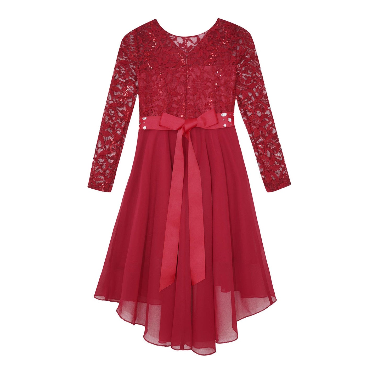 Girls Elegant Rhinestone Lace Chiffon Party Long Sleeve Dipped Hem Dress (Age 6-16YRS)