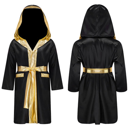 Boys Boxing Robe Costume Long Sleeve Hooded Cloak (Age 6-16YRS)