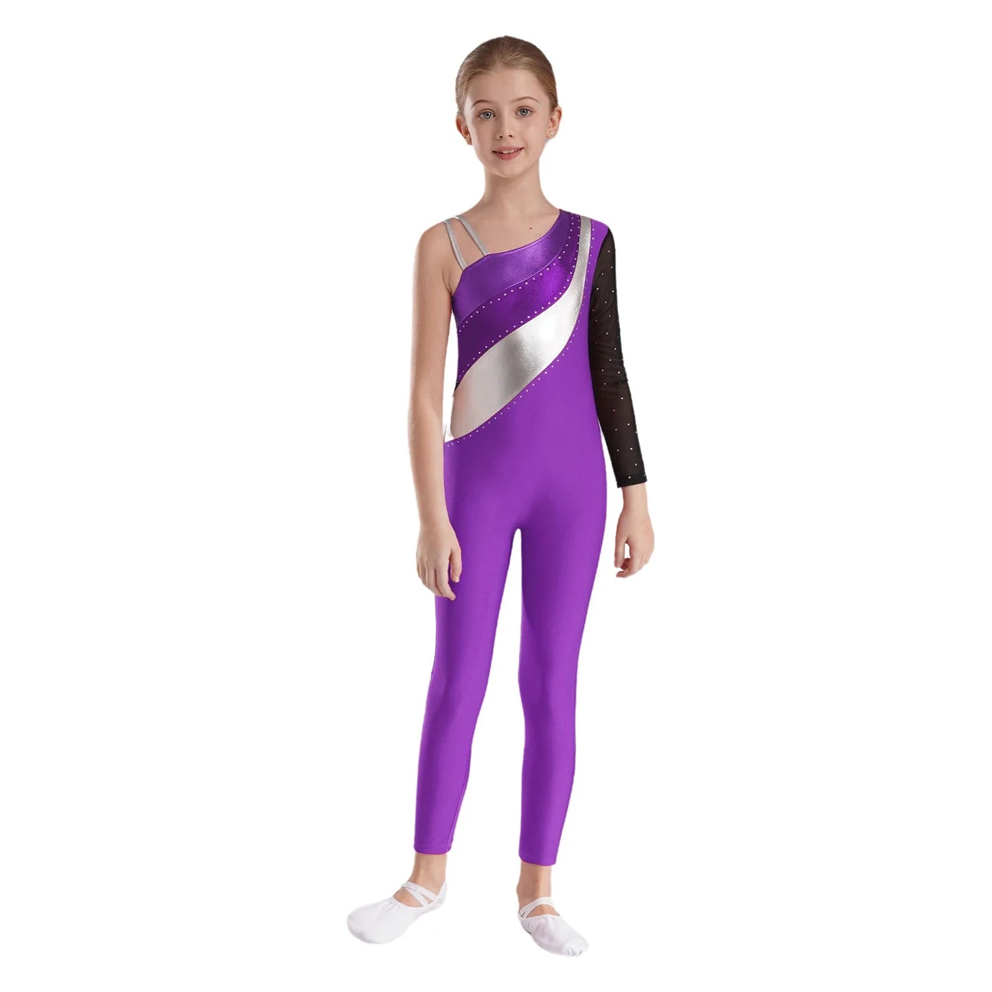 Girls Gymnastics One Shoulder Contrast Color Leotard Jumpsuit (Age 6-16 YRS)