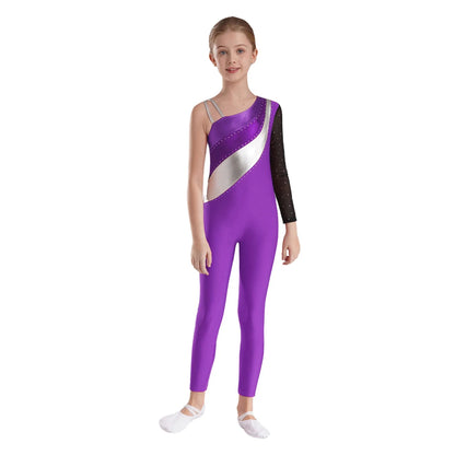 Girls Gymnastics One Shoulder Contrast Color Leotard Jumpsuit (Age 6-16 YRS)