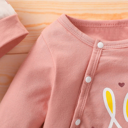 Baby Girls Cotton Long-sleeve Love Heart Print Footed Jumpsuit with Hat Set (Age 3M-18M)