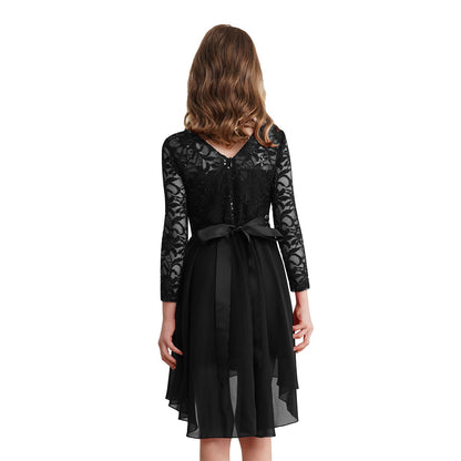 Girls Elegant Rhinestone Lace Chiffon Party Long Sleeve Dipped Hem Dress (Age 6-16YRS)