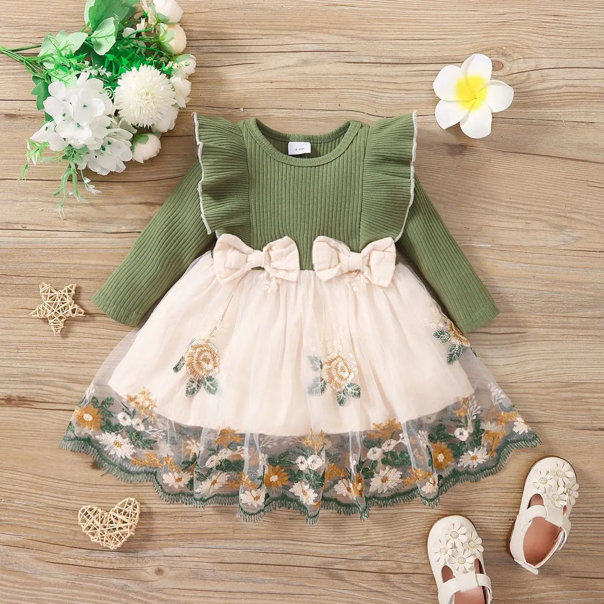 Baby/Toddler Girls Green Long Sleeved Flower Mesh Dress (Age 3M-4YRS)