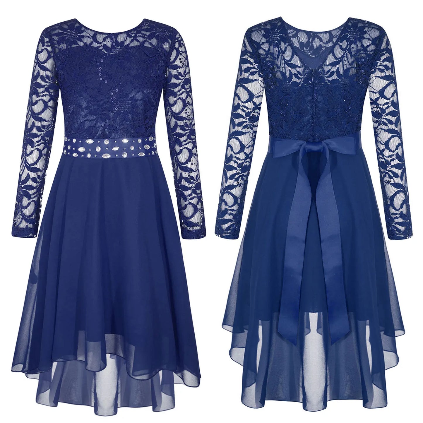 Girls Elegant Rhinestone Lace Chiffon Party Long Sleeve Dipped Hem Dress (Age 6-16YRS)