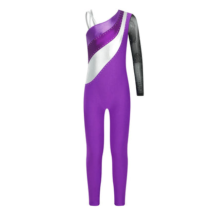 Girls Gymnastics One Shoulder Contrast Color Leotard Jumpsuit (Age 6-16 YRS)