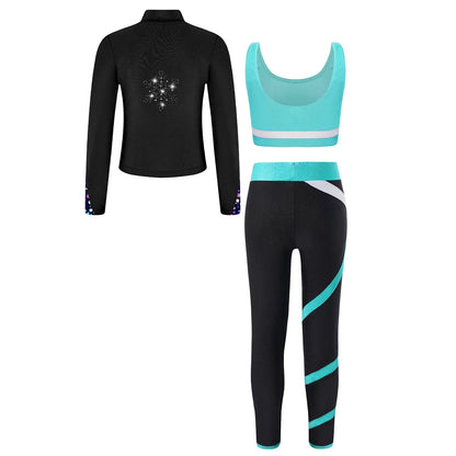 Girls Gymnastics Long Sleeves Athletic Shirt & Vest Tops & Leggings (Age 6-16 YRS)