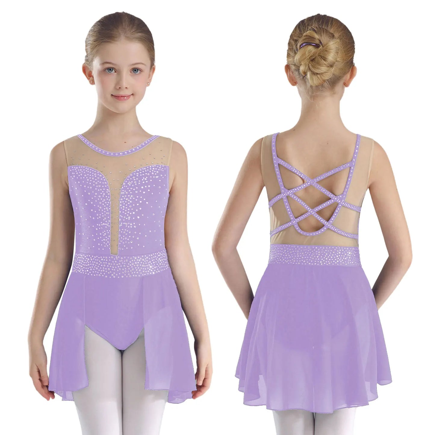 Rhinestone Gymnastics Figure Skating Dress for Teen Girls Sleeveless Sheer Mesh Tutu Ballet Leotard Lyrical Performance Costume