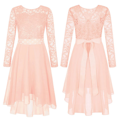 Girls Elegant Rhinestone Lace Chiffon Party Long Sleeve Dipped Hem Dress (Age 6-16YRS)