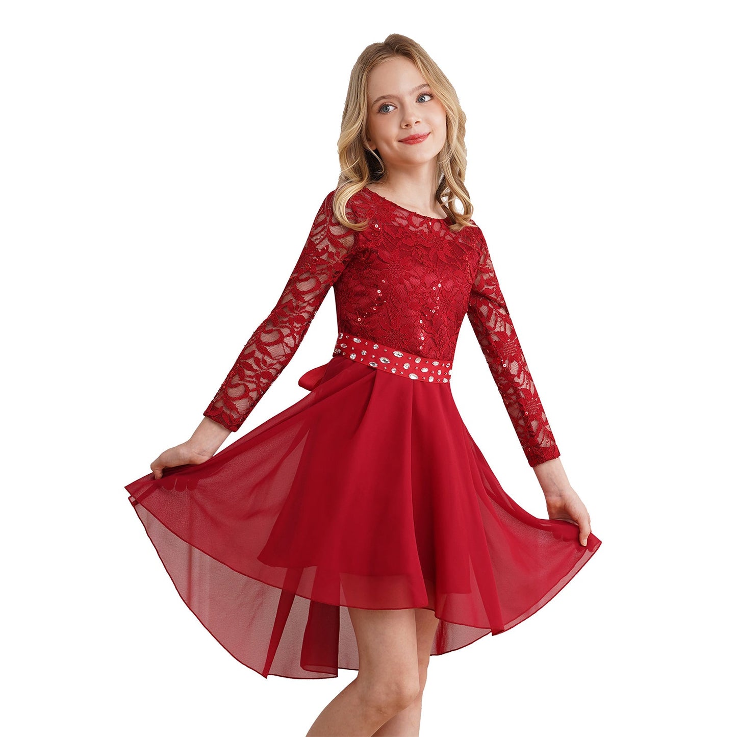 Girls Elegant Rhinestone Lace Chiffon Party Long Sleeve Dipped Hem Dress (Age 6-16YRS)