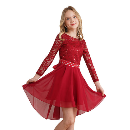 Girls Elegant Rhinestone Lace Chiffon Party Long Sleeve Dipped Hem Dress (Age 6-16YRS)
