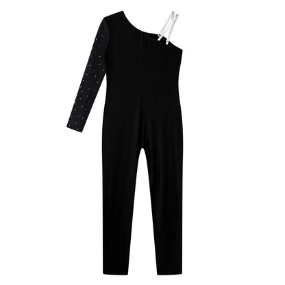 Girls Gymnastics One Shoulder Contrast Color Leotard Jumpsuit (Age 6-16 YRS)
