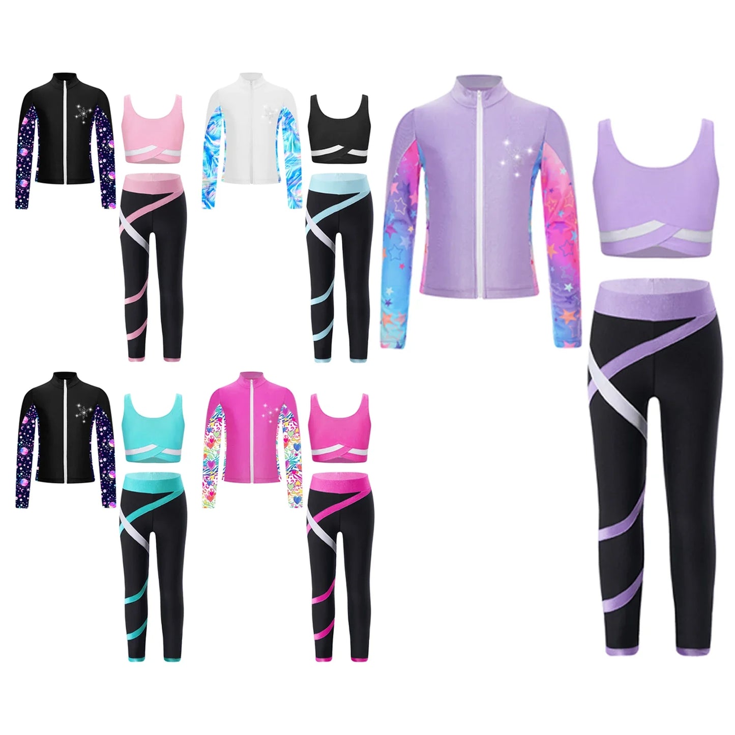 Girls Gymnastics Long Sleeves Athletic Shirt & Vest Tops & Leggings (Age 6-16 YRS)
