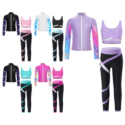 Girls Gymnastics Long Sleeves Athletic Shirt & Vest Tops & Leggings (Age 6-16 YRS)
