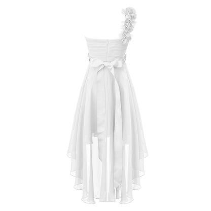 Girls Applique One-Shoulder Ruched Asymmetrical Hem Dress (Age 6-16YRS)