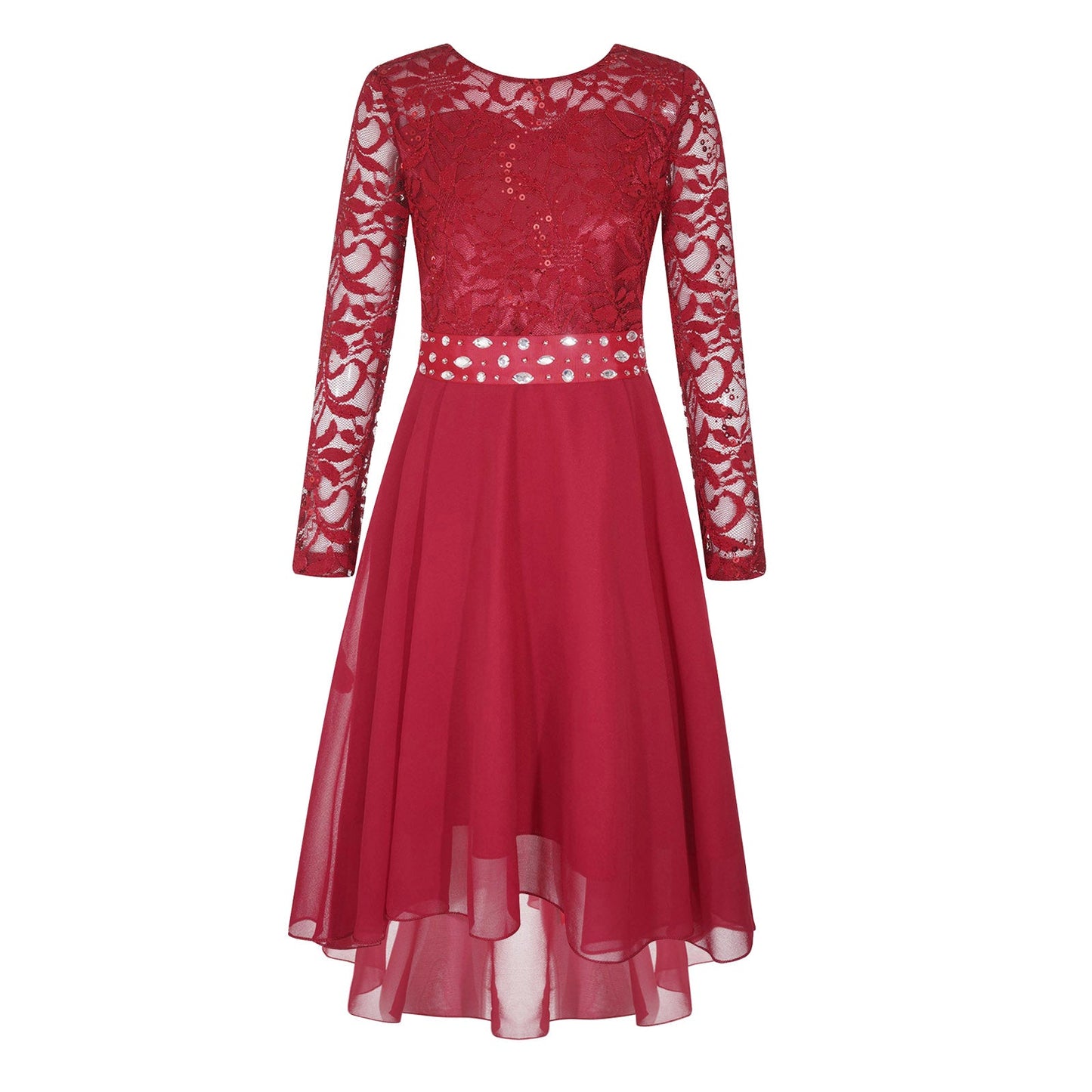 Girls Elegant Rhinestone Lace Chiffon Party Long Sleeve Dipped Hem Dress (Age 6-16YRS)