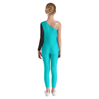 Girls Gymnastics One Shoulder Contrast Color Leotard Jumpsuit (Age 6-16 YRS)