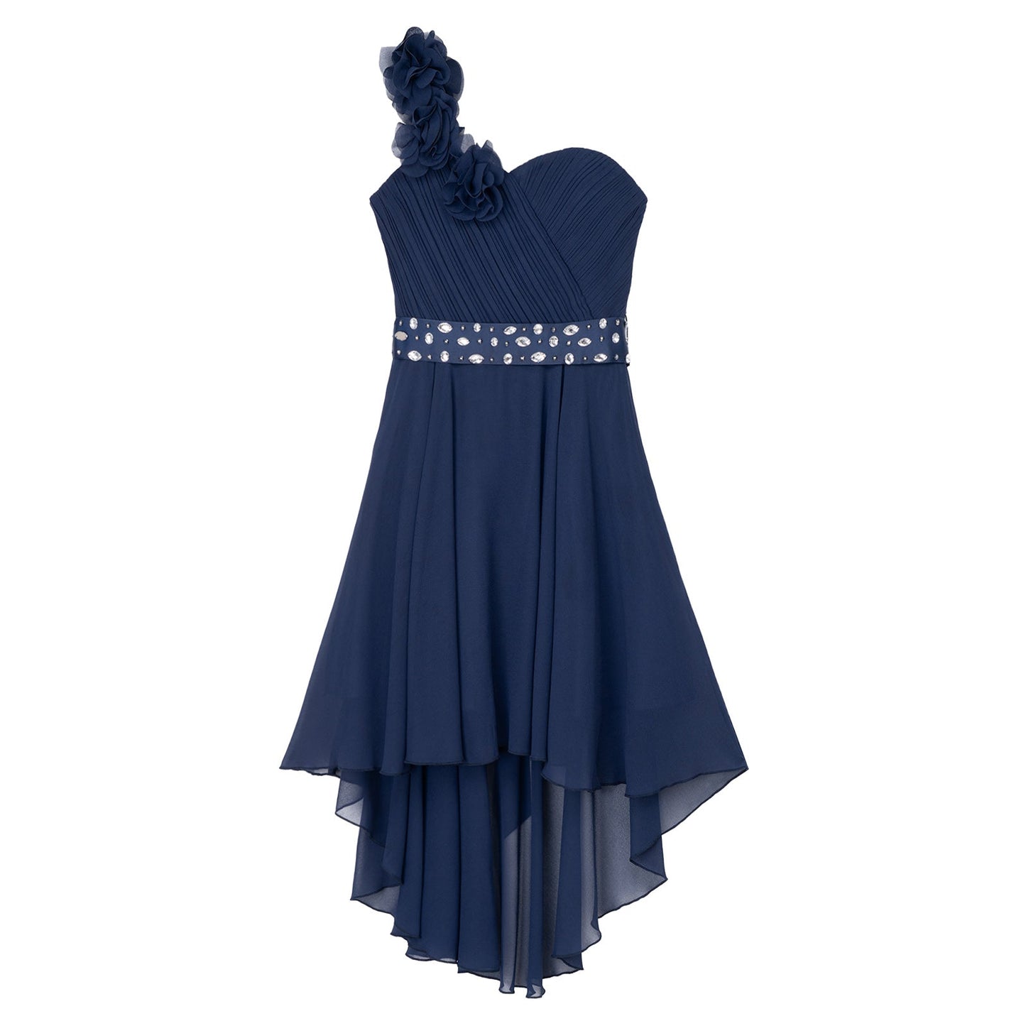 Girls Applique One-Shoulder Ruched Asymmetrical Hem Dress (Age 6-16YRS)