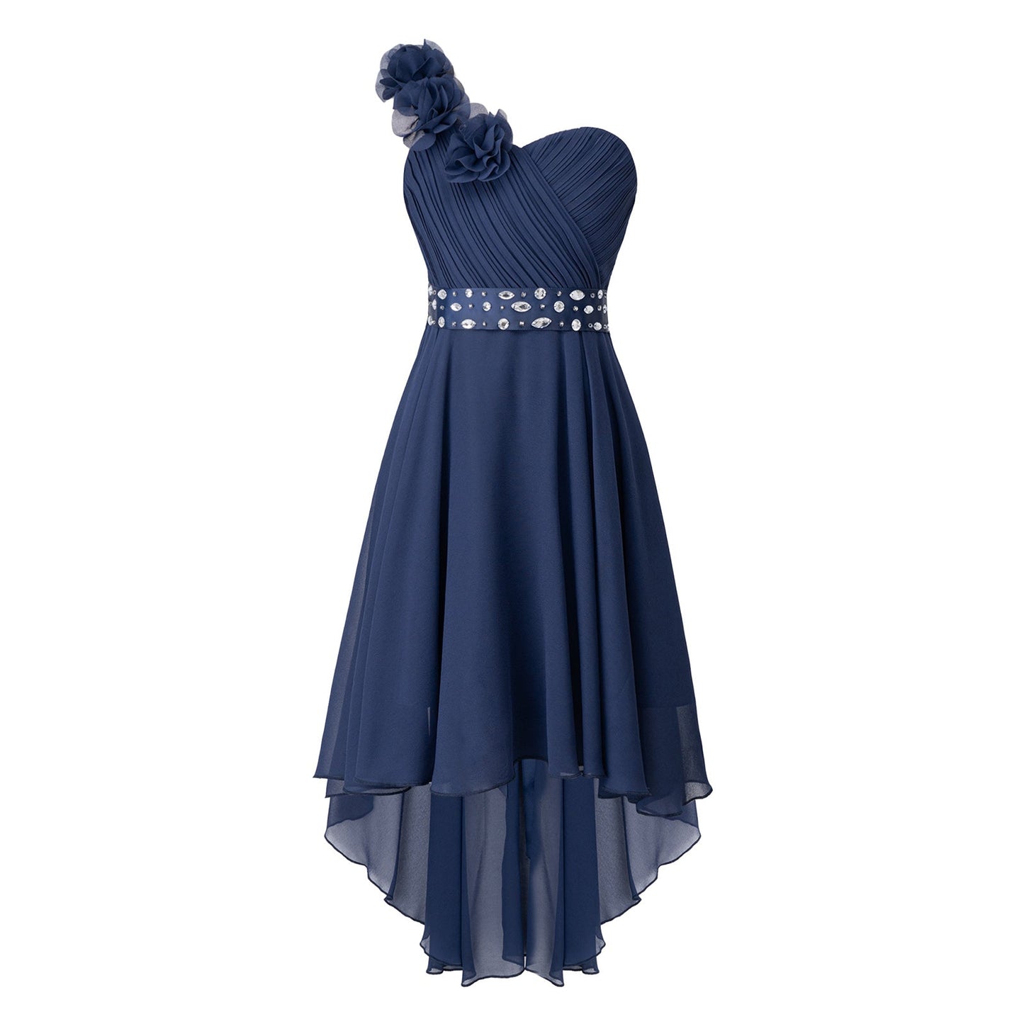 Girls Applique One-Shoulder Ruched Asymmetrical Hem Dress (Age 6-16YRS)