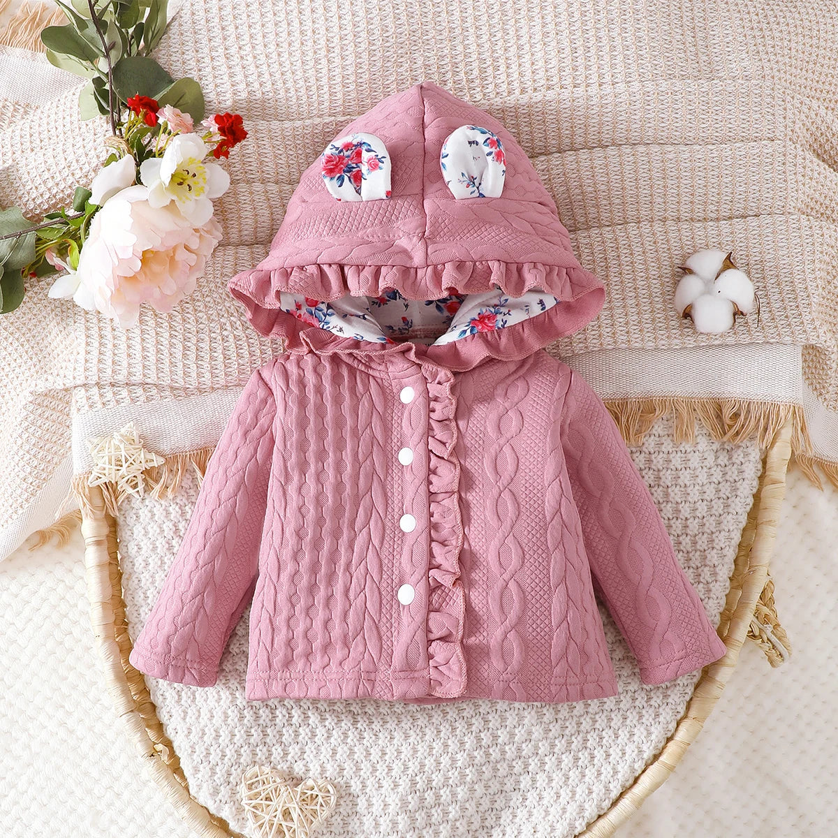 Baby Girls Pink Long Sleeve Jacket Lace Hooded Ears (Age 6M-3YRS)