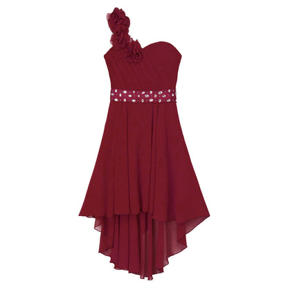 Girls Applique One-Shoulder Ruched Asymmetrical Hem Dress (Age 6-16YRS)